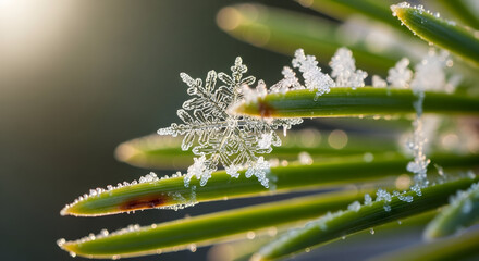 Macro shot of a delicate snowflake resting on a frosty green pine needle in natural winter light