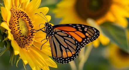 Majestic monarch butterfly gracefully perched on a vibrant yellow sunflower, showcasing natural beauty and pollination