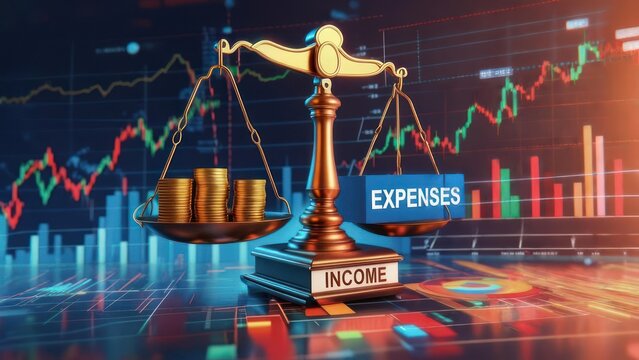 A golden balance scale, representing income and expenses, sits atop a book showing both words.  Financial data graphs and charts surround the scale