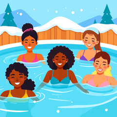Joyful Group of Women Enjoying a Relaxing Winter Vacation in a Snowy Hot Spring