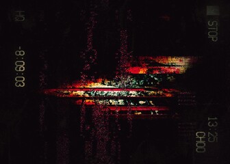 Old analog tv glitch VHS effect screen distorded pixellate lines broadcasting error or no signal, HD tv VCR screen glitch with noise grain texture distorted flickering lines bad signal 