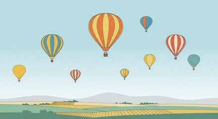 Obraz premium Colorful hot air balloons floating in the sky over rural landscape