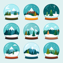 Collection of delightful snow globes ideal for winter vacation themes, featuring mountains and festive winter designs