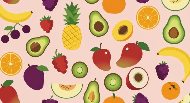 Colorful fruit arrangement illustration on pink background vector design - Powered by Adobe