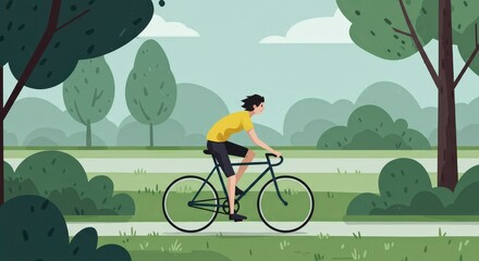 Cyclist riding bicycle in park illustration healthy lifestyle and outdoor activity