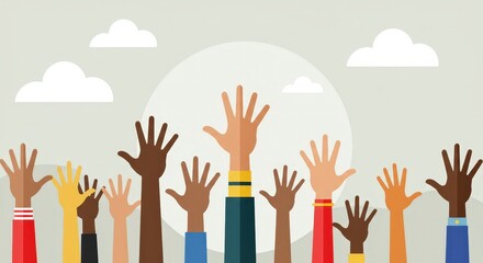 Diverse hands raised in unity and support against pale background