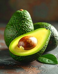 Three avocados, one sliced open, revealing the seed and creamy flesh