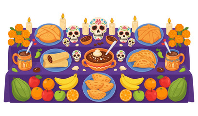 Day of the Dead Altar Colorful Food and Sugar Skulls