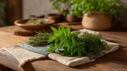 Fresh Culinary Herbs and Cannabis Displayed on Rustic Wooden Table for Harvest Season