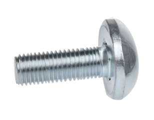 Close-up of a silver bolt, head rounded, threads sharp, on a plain black background