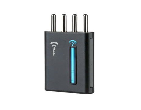 A dark device with four antennas and a vertical blue light, against black