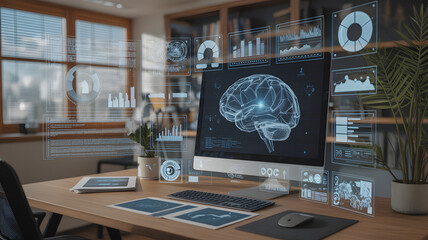 Futuristic brain scan on computer screen visualizing data analysis for medical research and technological advancement in a modern office setting