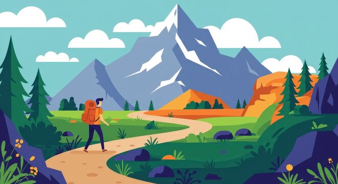 Hiker exploring mountain landscape illustration for outdoor adventure concepts