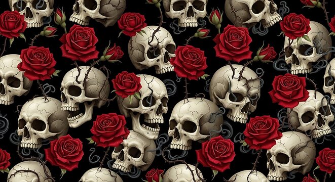 A seamless, dark pattern wallpaper featuring a gothic arrangement of grinning, cracked skulls interwoven with vibrant red roses and thorny vines on a black background.