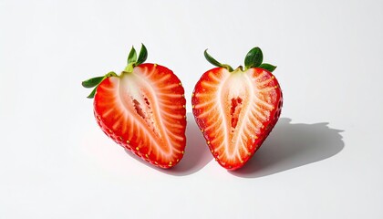 Two Halves Of A Ripe Red Strawberry With Green Stems On A White Background With Soft Shadow Lighting And Detailed Texture