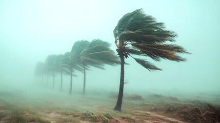 Palm trees bend and sway violently in a strong storm with heavy mist and wind
