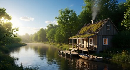 Fototapeta premium Cabin Retreat - Serene Lakeside Home Amidst Natures Embrace.