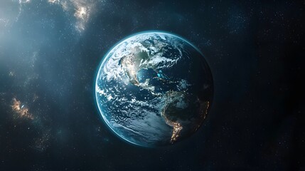 Obraz premium Planet Earth viewed from deep space showcasing its continents oceans and glowing city lights at night