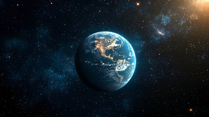 Fototapeta premium Planet Earth viewed from space at night with illuminated continents and a starry cosmos in the background