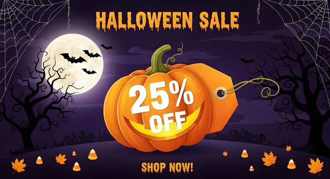Creative Halloween night graphic featuring a prominent grinning pumpkin with a discount tag, set against a dark, moonlit landscape with bare trees and flying bats