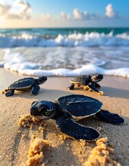 Three baby turtles on a sandy beach, with ocean waves in background