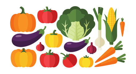 Fototapeta premium A vibrant assortment of fresh vegetables including pumpkins tomatoes eggplant cabbage leeks corn and carrots.