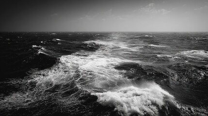 Abstract Black and White Image of Vast Ocean with White Lines, Evoking Emptiness and Loneliness