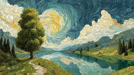 A Painting of a Lush Tree of Life Along a River Bank, with Sun and Clouds Filling the Sky, Created by Generative AI