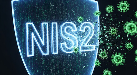 Cybersecurity concept with a protective shield guarding against digital virus attacks, representing network and information systems security