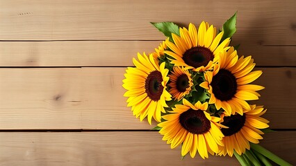 Obraz premium Sunflower bouquet on a rustic wooden surface with warm directional lighting.