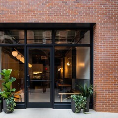 Modern urban storefront with large glass windows, brick walls, and minimalist design. Contemporary retail building exterior showing stylish architecture, clean lines, and empty commercial interior.