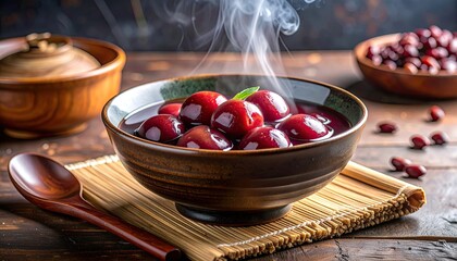 A Cozy Food Styling Shot of Bangladeshi Mishti Doi Sweet Yogurt in Rustic Clay Pots on a Wooden Table With Steam Rising