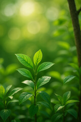 Obraz premium A beautiful scene of green plants and trees with a blurred bokeh background, created using generative AI. Suitable for nature concepts, backgrounds, and eco-themed designs.