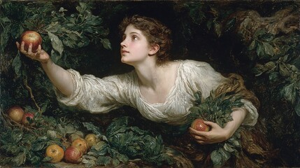 Classical Painting Depicting Eve Reaching for an Apple, a Timeless Scene of Temptation and Innocence