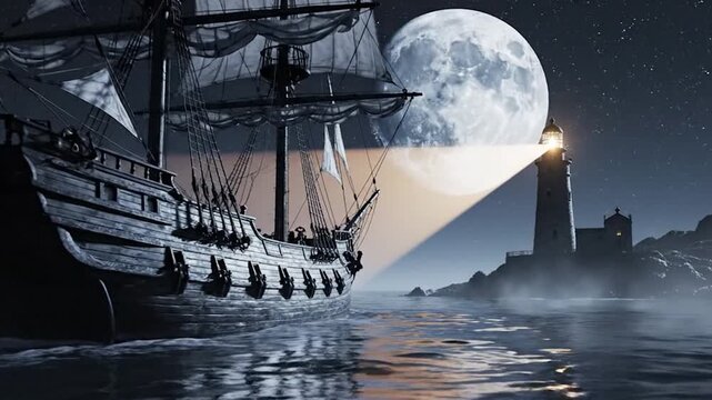 Moonlit Passage A Majestic Tall Ship's Ghostly Midnight Voyage
