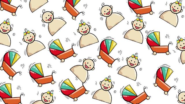 Doodle baby pattern with cute faces and strollers for seamless designs, perfect for nursery decor or baby shower invitations.
