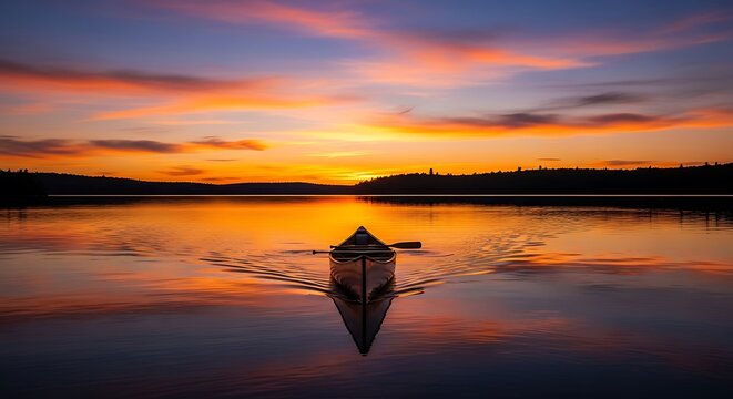 Canoe on Calm Lake at Sunset - A Serene Water Adventure.