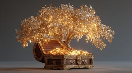 Glowing Golden Tree Growing from a Treasure Chest Overflowing with Coins, Symbolizing Prosperity, Wealth, and Success