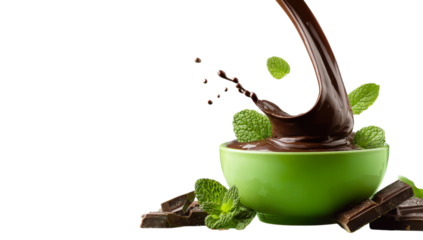 Sweet Temptation: A close-up shot of rich, flowing chocolate being poured into a vibrant green bowl, garnished with fresh mint leaves and dark chocolate pieces, evoking a sense of decadent delight.