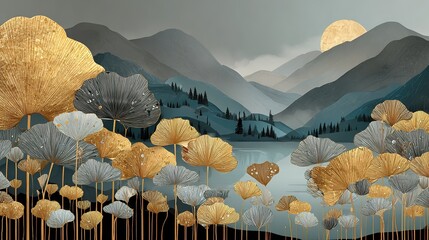 Golden and Silver Plants, Lakes, and Mountains Illustrated Poster Background
