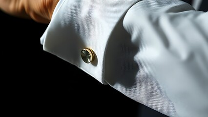 Extreme close-up of a sophisticated cufflink on a crisp white shirt cuff.