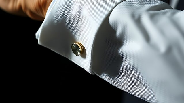 Extreme close-up of a sophisticated cufflink on a crisp white shirt cuff.