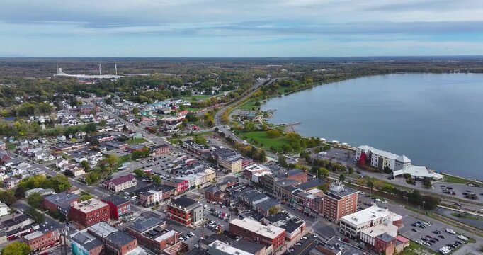 Geneva, NY, USA - October 17, 2025:  Aerial video over Seneca Lake and the City of Geneva New York
