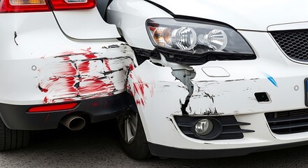 Car crash with damage to bumpers and bodywork after accident.