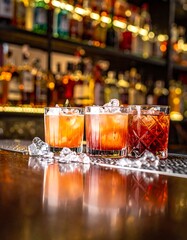 Three cocktails with ice sitting on a bar, with background liquor bottles