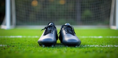 Goalkeeper s Footwear at the Ready A pair of textured soccer cleats, with visible studs, placed precisely on the white goal line within an empty soccer net. The cleats are angled as if ready to spring