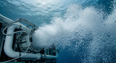 Underwater industrial system actively expelling a powerful stream of effervescent bubbles into the deep blue ocean, illustrating marine technology and aeration processes
