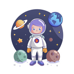 AI Generated. 2d boy kid person man character at moon galaxy. Astronaut in galaxy space. AI Generative. Graphic Art