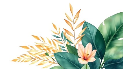 Watercolor botanical illustration of tropical plants with gold leaf accents on soft gradient background.
