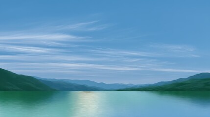 Serene Landscape with Calm Water and Gentle Brushstrokes in Soft Blue Tones